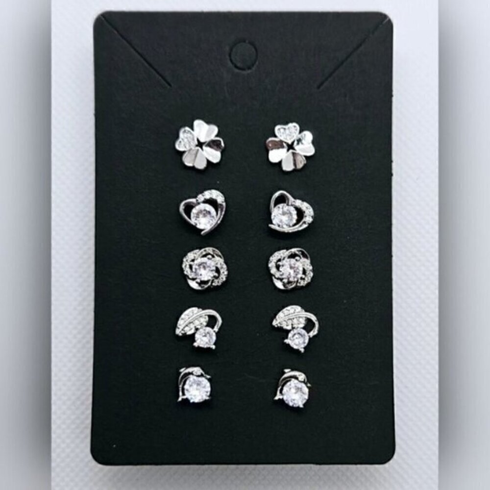 5 Pair Silver Tone Rhinestone Stud Earrings Set Floral Heart Classic